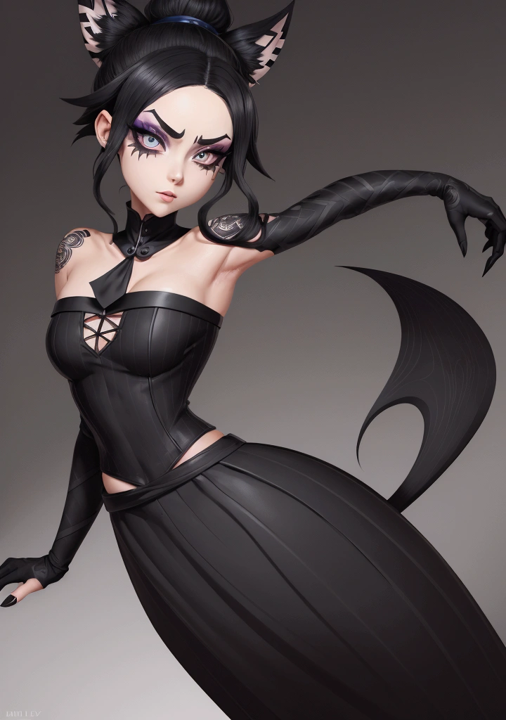 (Cartoon style character, the linear strokes are black and thick, stroke variation, an art style quite similar to the artist Illuxxtrandy.) Fine and realistic eyes, corpo cartoonesco, a thin, cartoonish face, thin waist and arms, long and exaggerated neck. Character from Kimetsu no Yaiba but completely outside the anime style, strong shading, eyeshadows graves, recessed lighting, em eyeshadows fortes, eyeshadows.