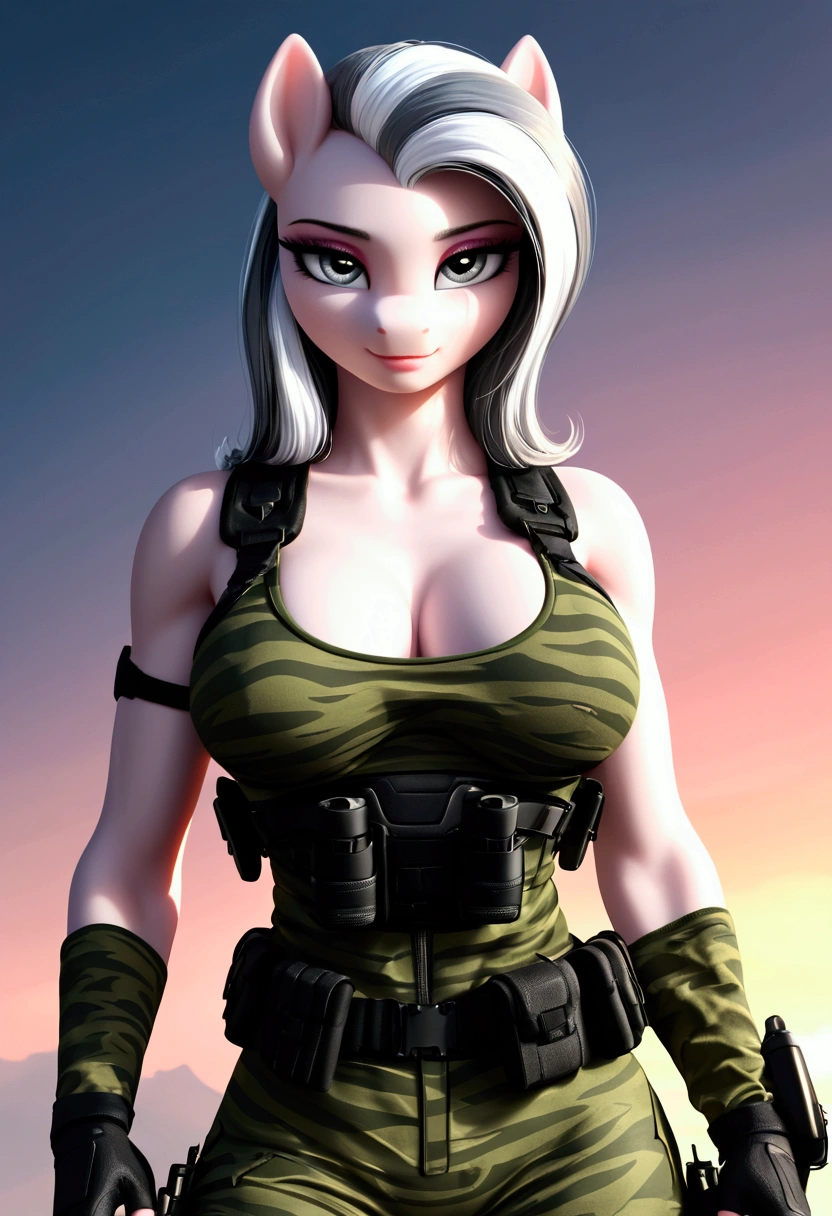vibrant colors, 8K, high resolution, highly detailed, masterpiece, ((my little pony)), (striped white hair), (pale body), (gray eyes) seductive face, woman's tactical gear, standing, big breasts, beautiful body
