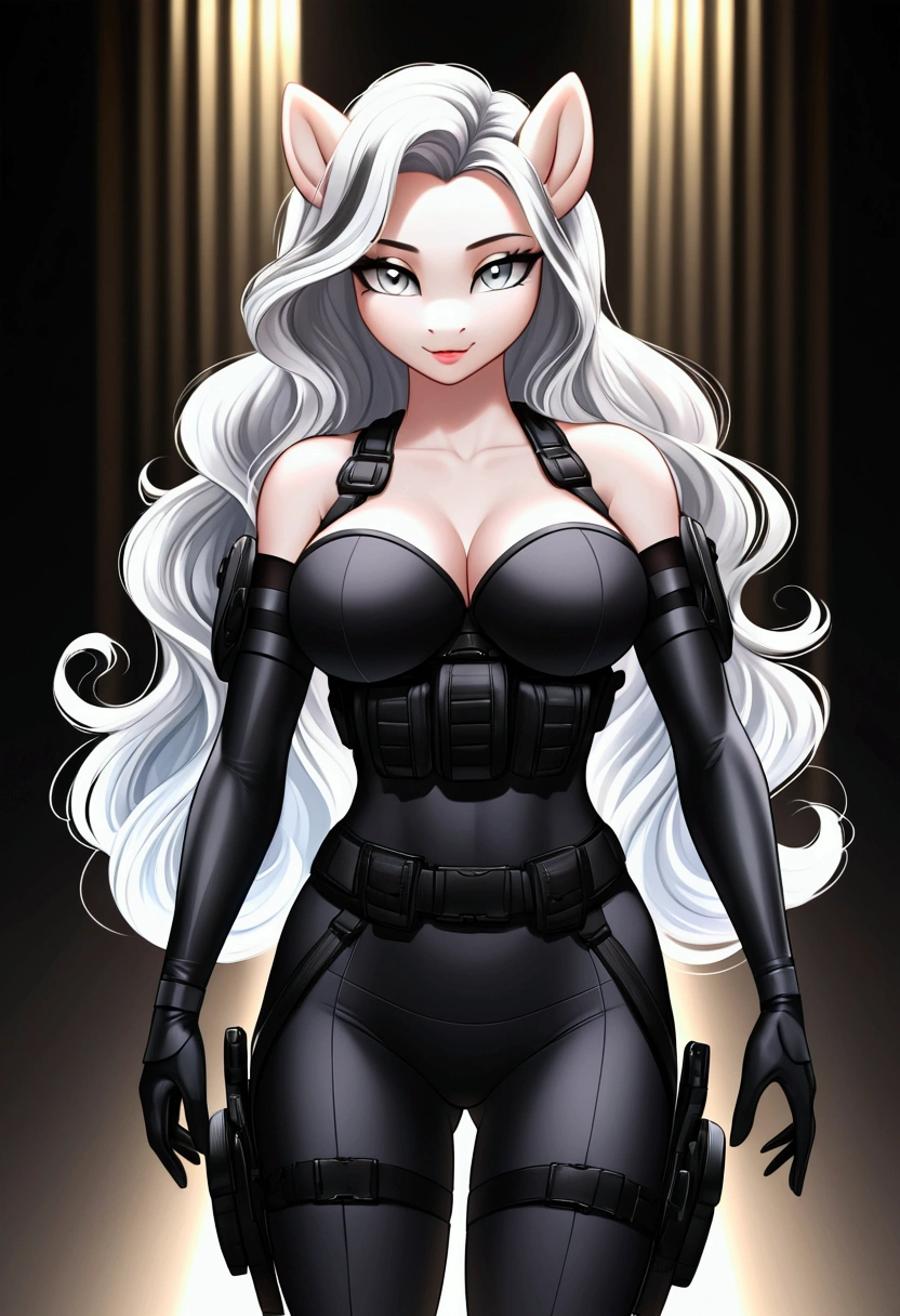 vibrant colors, 8K, high resolution, highly detailed, masterpiece, ((my little pony)), (striped white hair), (pale body), (gray eyes) seductive face, woman's tactical gear, standing, big breasts, beautiful body