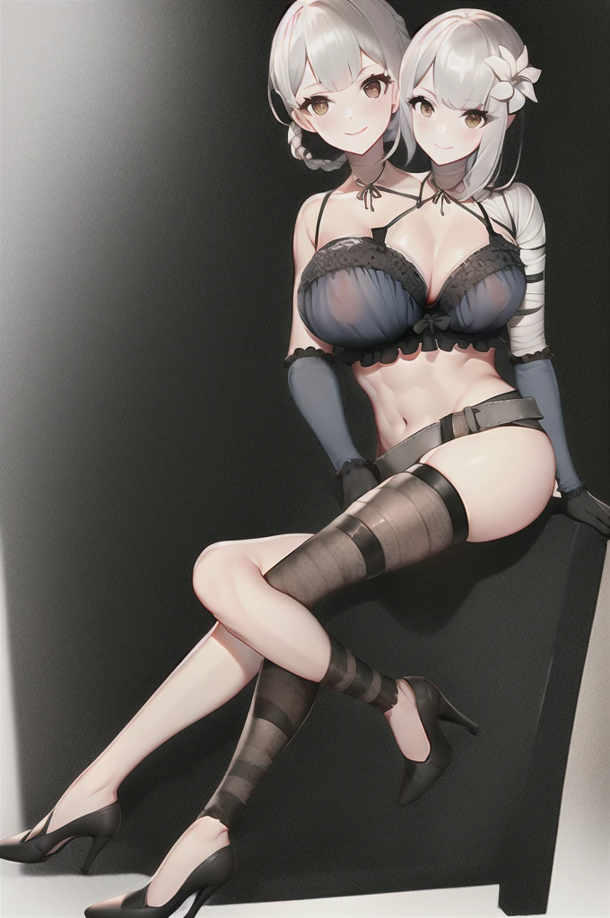 kaine \(nier\), 1girl, white hair, bandaged arm, bandaged leg, bandages, bangs, belt, black footwear, nipple cutout, black gloves, blonde hair, blunt bangs, bra, braid, brown eyes, collarbone, flower, frilled bra, frills, from side, full body, gloves, hair flower, hair ornament, halterneck, hand on own knee, high heels, leg belt, lingerie, looking at viewer, multiple belts, negligee, nier \(series\), short hair, signature, single bare shoulder, single braid, sitting, smile, solo, thigh strap, underwear, white background, white flower, (2heads)
