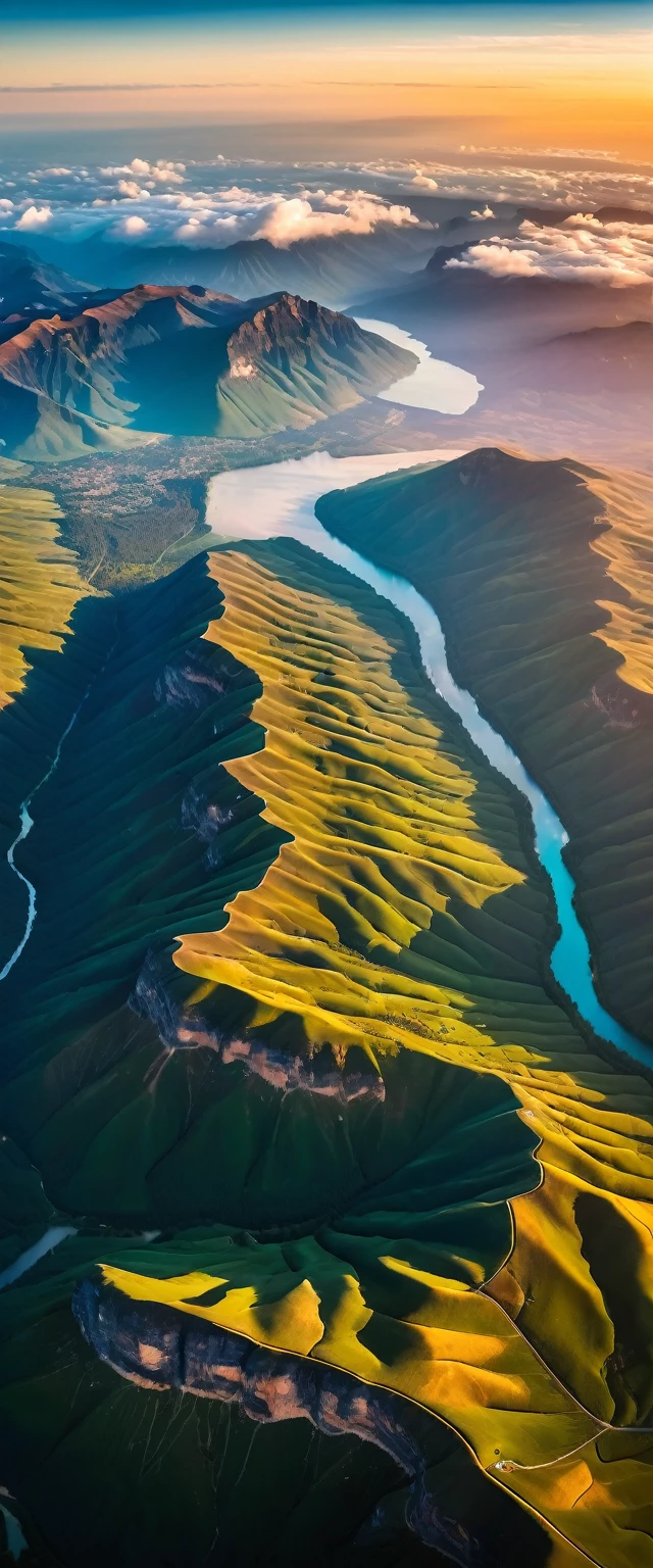 (Highest quality),(masterpiece:1.2),(Very detailed:1.2),Ultra-high resolution,RAW color photos,8K,Vast landscape photography,Realistic photos,Elaborate photos,Skydiving viewpoint,Written boundary depth,Sharp focus,In the clouds,The land below,Sunset,Beautiful colors,Written boundary depth,Wide Light,Low contrast,Backlight,Sharp focus,Vibrant colors,moving composition