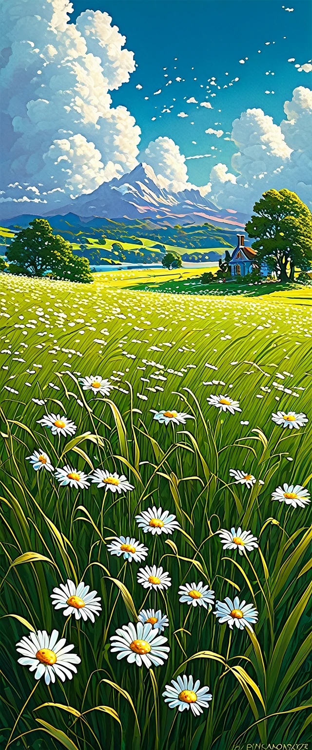 field of tall grasses and daisy flowers, con nubes cumulus,, Kilian Eng y Thomas Kinkade, Rob Gonsalves y Tim White., silvain sarriel, Rhads y Thomas Kinkade, inspired by RHADS, Cyril Rolando and M.w kalut, Cyril Rolando and M. w kalut, rhads!!!