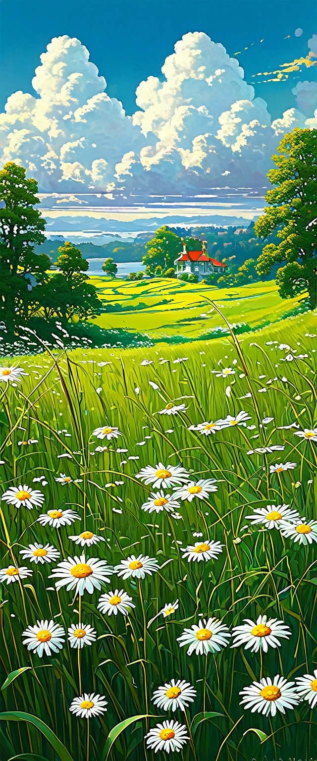 field of tall grasses and daisy flowers, con nubes cumulus,, Kilian Eng y Thomas Kinkade, Rob Gonsalves y Tim White., silvain sarriel, Rhads y Thomas Kinkade, inspired by RHADS, Cyril Rolando and M.w kalut, Cyril Rolando and M. w kalut, rhads!!!
