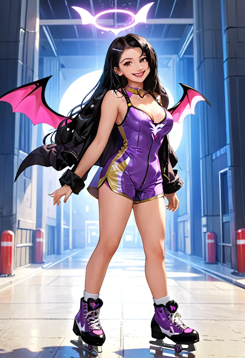 ( lilica felchenerow (arcana heart) cosplay), (skates, gold sleeveless parka, purple tube top, purple spandex shorts, purple collar, bat wings), ((masterpiece,best quality, hyper-hdr, 8k uhd, hyper-detailed)), connie maheswaran, long hair, black hair, pink blade, fangs, full shot, smile, big breast, age 25, sensual pin-up, flirty cleavage tease