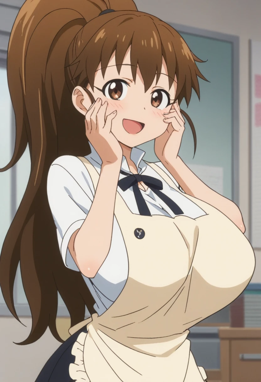 score_9, score_8_up, score_7_up, rating_explicit, anime screencap, upper body, 1girl, solo, working!!, taneshima popura, brown eyes, brown hair, long hair, ponytail, huge breasts, white shirt,black skirt,apron, popura-schooluniform, looking at viewer, seductive smile, open mouth, hands on face