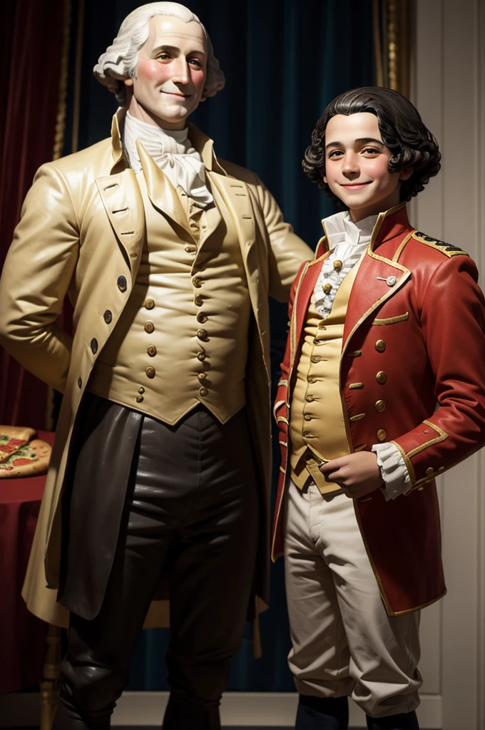 1boy, , anorectic, smiling, standing next to a pizza sculpture of george washington, realistic, HD, hyperrealistic, super cool