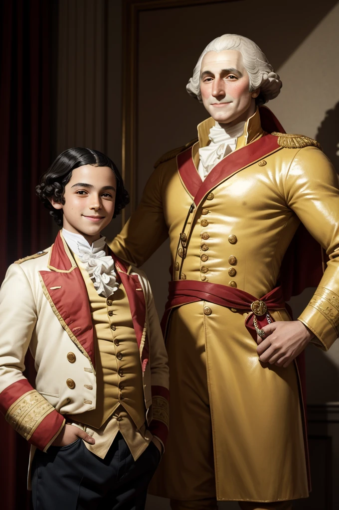 1boy, 10 years old, anorectic, smiling, standing next to a pizza sculpture of george washington, realistic, HD, hyperrealistic, super cool