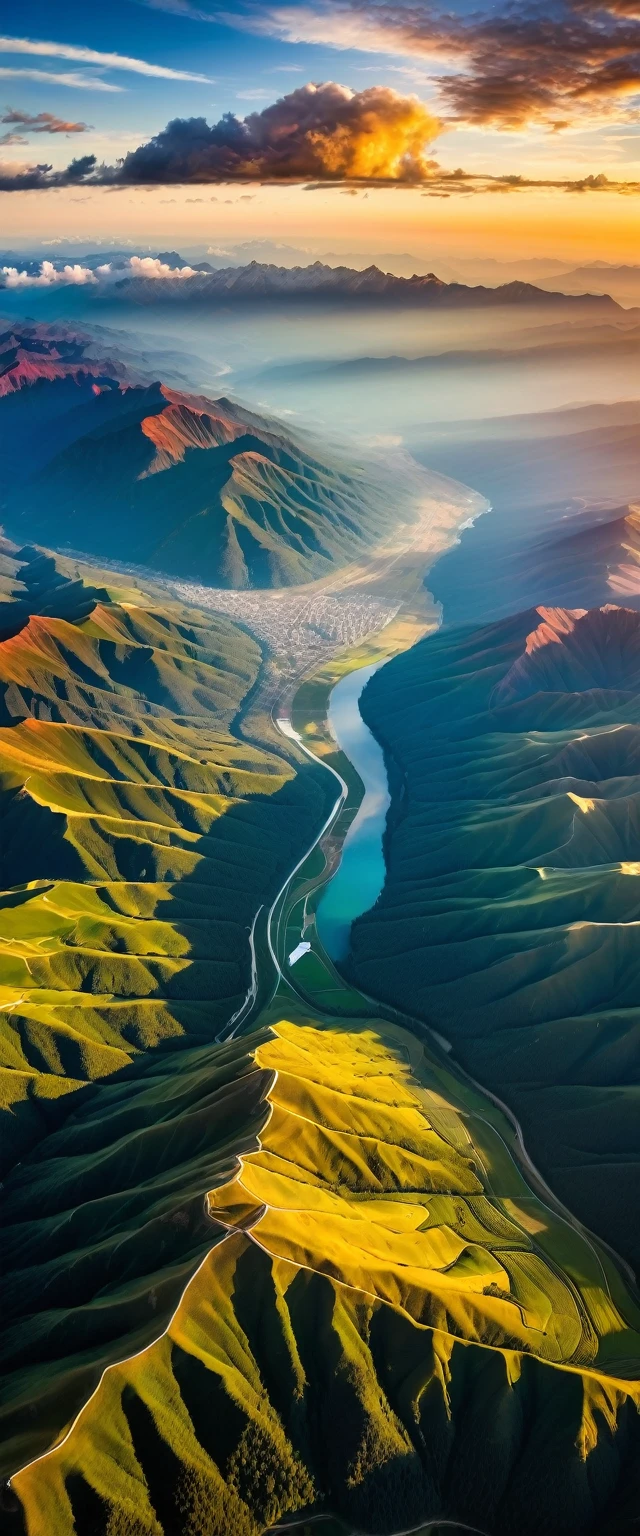 (Highest quality),(masterpiece:1.2),(Very detailed:1.2),Ultra-high resolution,RAW color photos,8K,Vast landscape photography,Realistic photos,Elaborate photos,Skydiving viewpoint,Written boundary depth,Sharp focus,In the clouds,The land below,A series of high mountains々,Sunset,Beautiful colors,Written boundary depth,Wide Light,Low contrast,Backlight,Sharp focus,Vibrant colors,moving composition