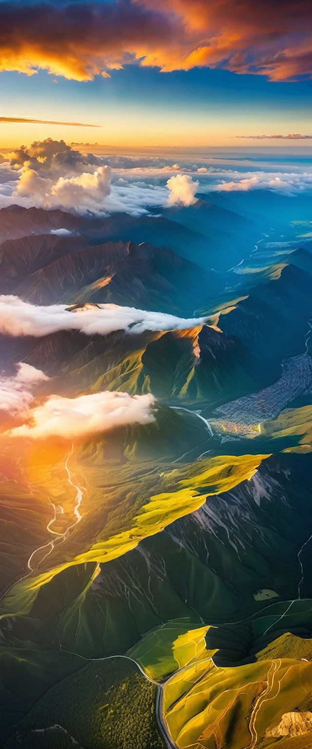 (Highest quality),(masterpiece:1.2),(Very detailed:1.2),Ultra-high resolution,RAW color photos,8K,Vast landscape photography,Realistic photos,Elaborate photos,Skydiving viewpoint,Written boundary depth,Sharp focus,In the clouds,The land below,A series of high mountains々,Sunset,Beautiful colors,Written boundary depth,Wide Light,Low contrast,Backlight,Sharp focus,Vibrant colors,moving composition