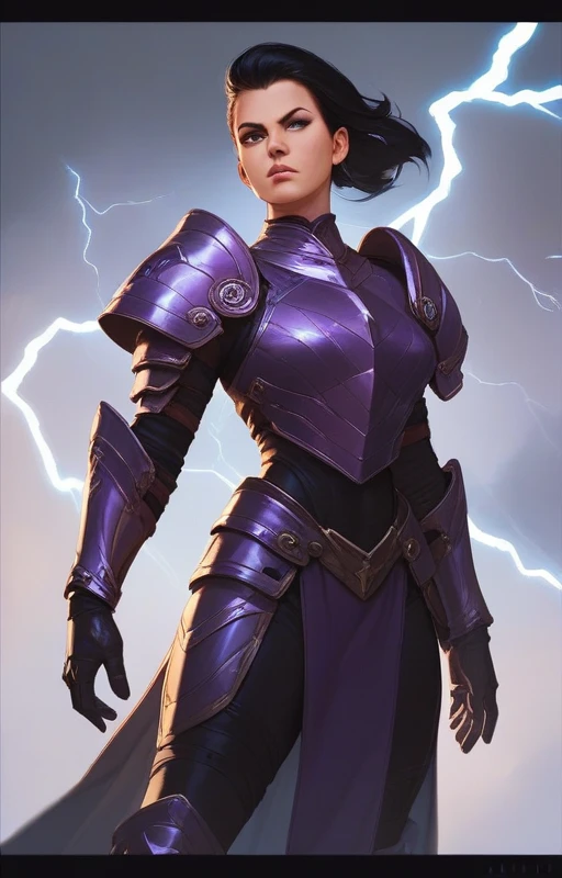 Woman with long black hair.
Purple clothing and light metal armor.
Lightning surrounds his body as he runs.