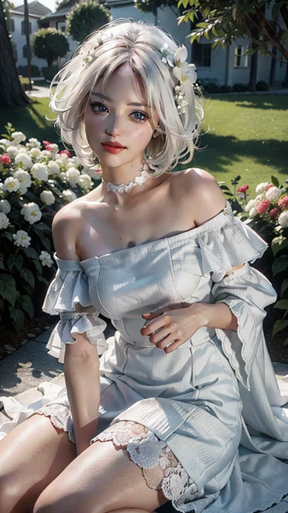 Best quality, masterpiece, ultra high res, (photorealistic:1.4), raw photo, 1girl, white hair, blue eyes, white dress, off shoulder, blossom flower field, glowing skin, light smile