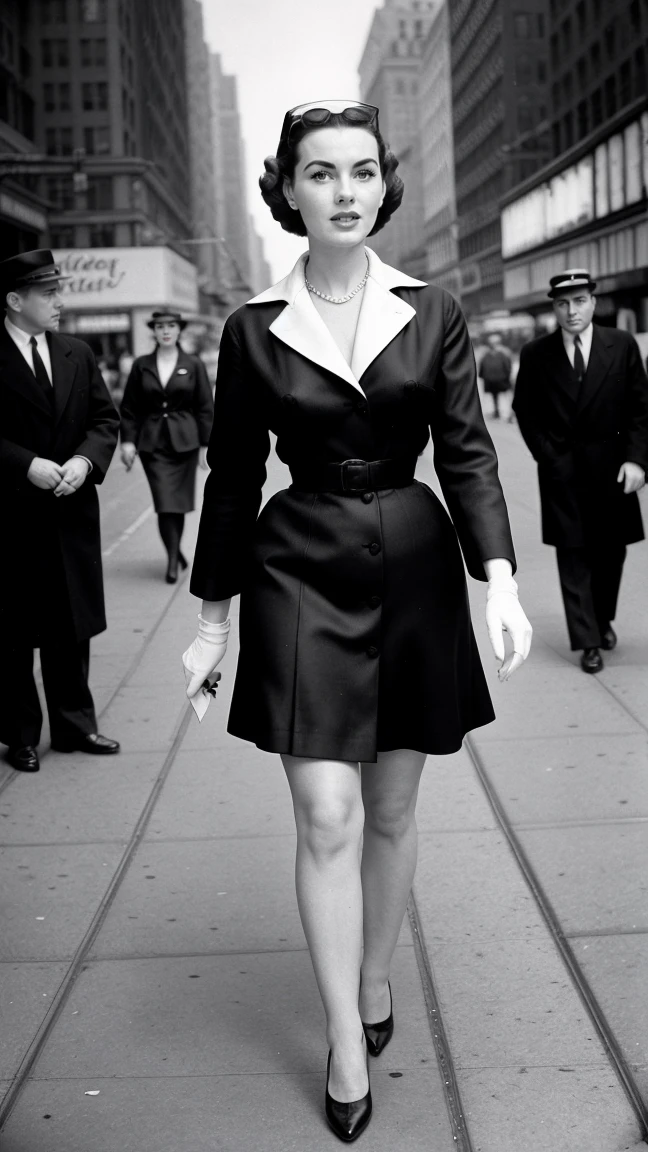 Realistic image of adult woman,  1950s,  walking down a New York street towards the viewer. Men pass by her and watch her. Fashion of the time, black andwhite, film noir, Analog film, hyperrealisti, Cinematic.