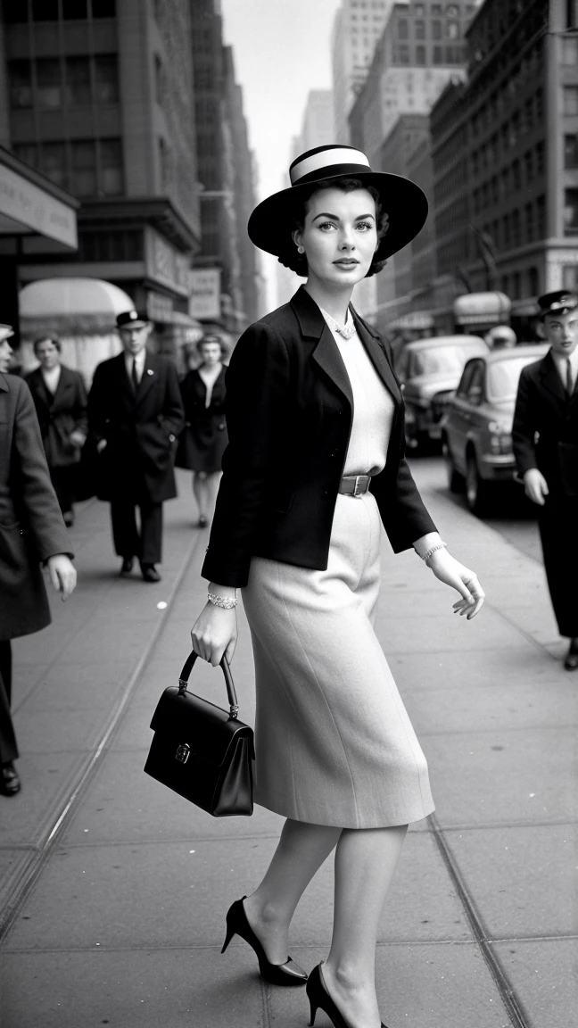Realistic image of adult woman,  1950s,  walking down a New York street towards the viewer. Men pass by her and watch her. Fashion of the time, black andwhite, film noir, Analog film, hyperrealisti, Cinematic.
