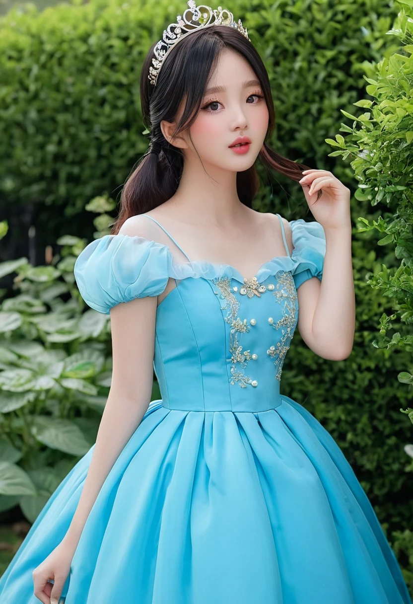 (best high quality:1.5), (8k), extremely detailed, (High details:1.4), Solo, Korean Ulzzang female with 24 years old, (puffy princess dress), (in garden),