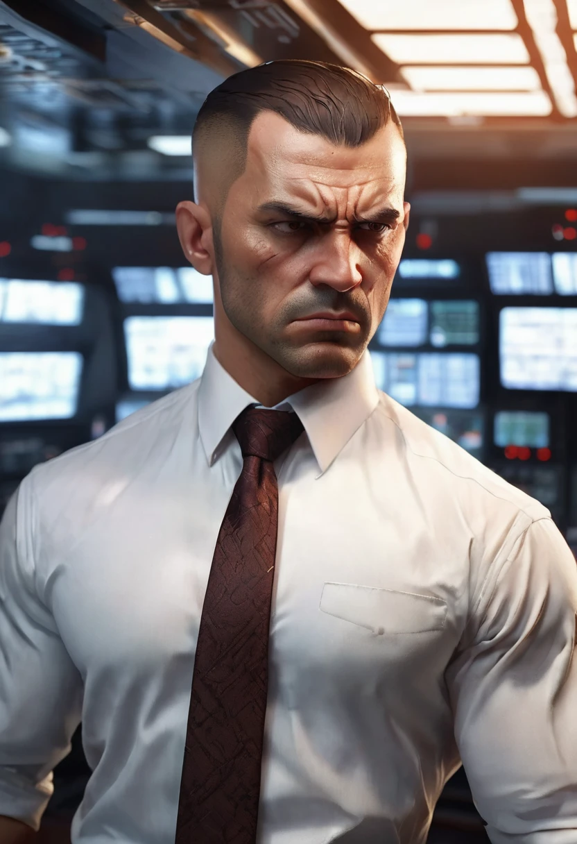 1 man, in front of a control panel, wearing a white dress shirt with tie, detailed facial features, detailed reddish brown male eyes, detailed tanned skin, buzz cut hair, burly man's body, strong lighting, angry expression on face, angry face, cold cinematic composition, atmospheric fog, handsome face, square chin, handsome man, masculine, virile, 25 years old (best quality, 4K, 8K, high resolution, art: 1.2), ultra-detailed, (realistic, photorealistic, photorealistic: 1.37)