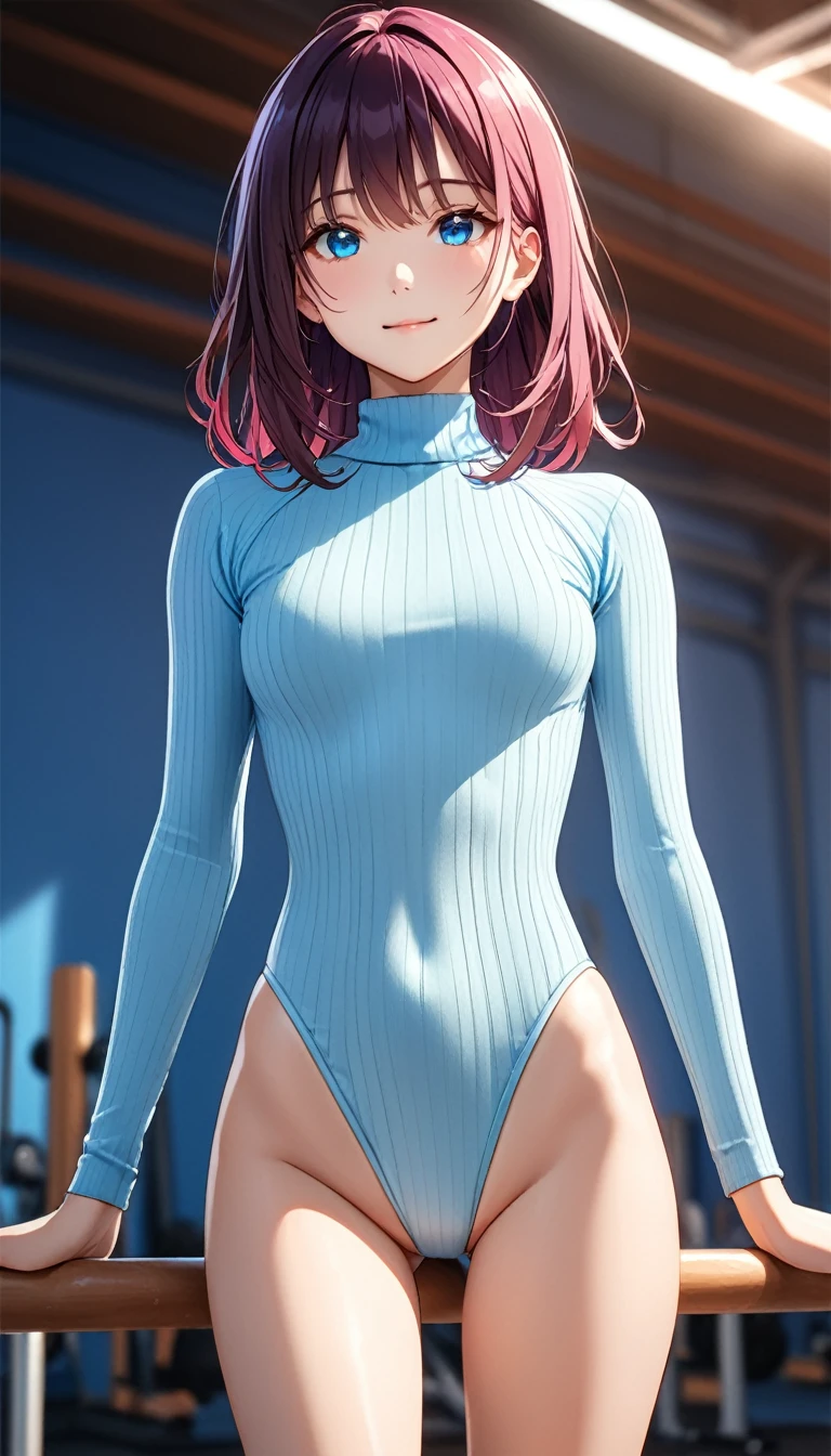 highquality illustration, masterpiece, very delicate and beautiful, attractive girl,(colorful leotard, heattech leotard,tight leotard,long_sleeve leotard,ribbed leotard,high_leg leotard,turtleneck leotard), thin,slender body,slim,gymnastics club,gymnastics athlete,bare legs,gymnasium background,beautiful eyes, light smile,(masterpiece, best quality:1.2), highres, extremely detailed CG unity 8k wallpaper, perfect lighting, Colourful, ultra-high res,4K,ultra-detailed, photography, 8K, HDR, 17 ages,cowboy shot,