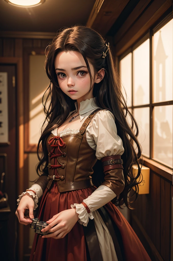 (photography of a 20 year old Aerith Gainsborough), (no close-up), highly detailed face, (smile:0.7) (background inside dark, moody, private study:1.3), steampunk pirate's airship, nikon d850, film stock photography, for kodak portra 400 ,camera f1.6 lens, bokeh, analog style, rich colors, hyper realistic, lifelike texture, dramatic lighting, cinestill 800, messy hair, serious, (freckles:0.4), pale skin, cute sexy