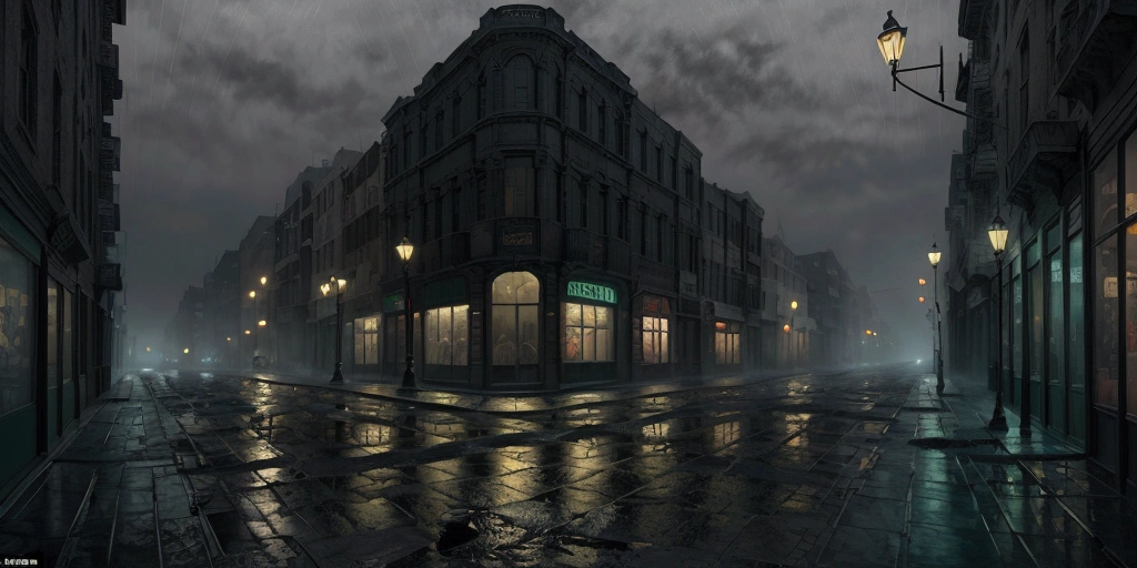 an abstract painting of a desolate 1880´s city street corner with flickering streetlights and empty storefronts, thick fog, wet street reflections, muted dark green, blueand grey, foreboding mood, midnight