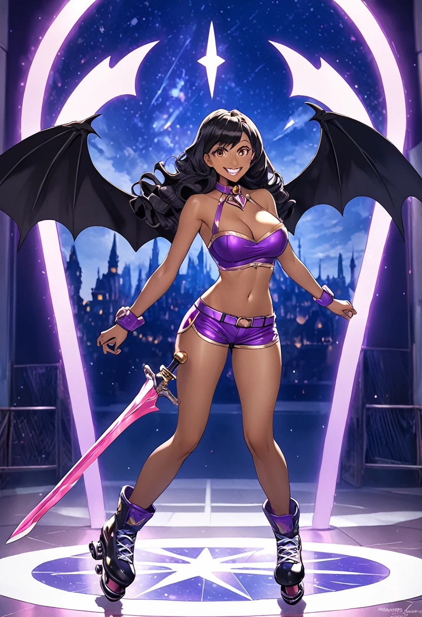 (connie maheswaran  cosplayeng as lilica felchenerow (arcana heart), (skates, gold sleeveless parka:1.2, purple tube top, purple spandex shorts,  purple collar, bat wings), ((masterpiece,best quality, hyper-hdr,  8k uhd,  hyper-detailed)), connie maheswaran, long hair, black hair, pink blade, fangs, full shot, smile, big breast, age 25, sensual pin-up,  flirty cleavage  tease