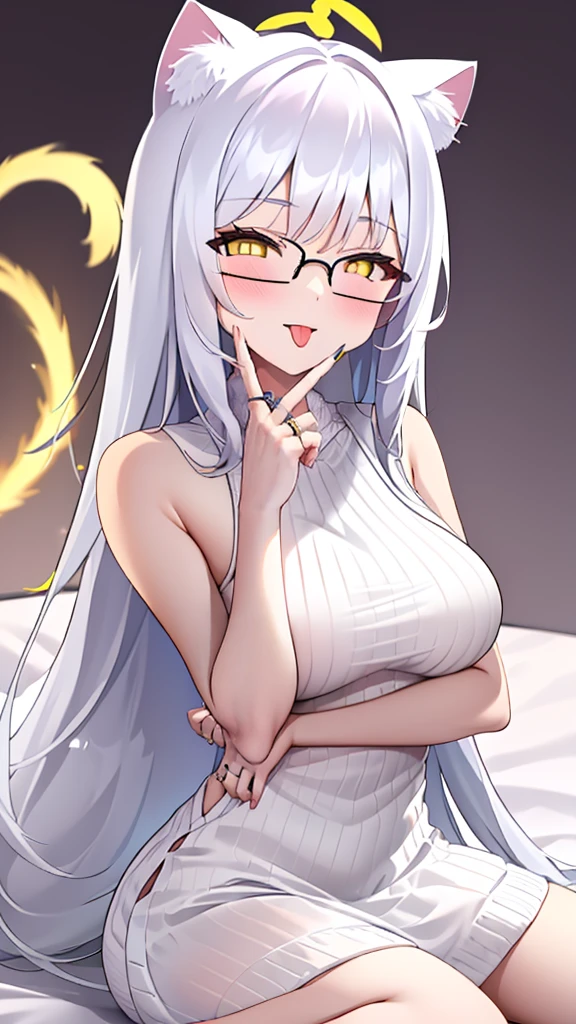 A 20-year-old female angel with long hair, white hair, yellow eyes, cat ears, cat tail, and white angel wings. A glowing yellow halo ring overhead. Wear round glasses (White halter turtleneck sweater, white purekiller sweater, sleeveless, sexy backless sweater, white dress) White arm warmers, stick out tongue, bedroom