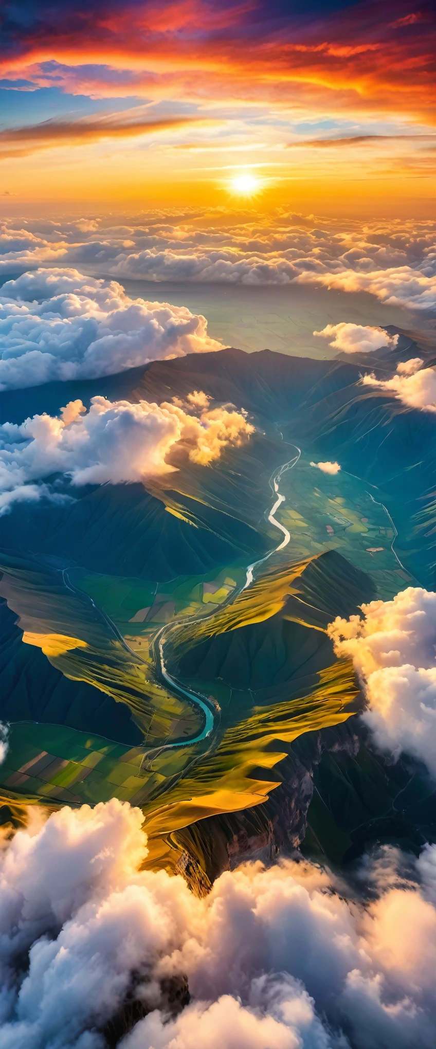 (Highest quality),(masterpiece:1.2),(Very detailed:1.2),Ultra-high resolution,RAW color photos,8K,Vast landscape photography,Realistic photos,Elaborate photos,Skydiving viewpoint,Written boundary depth,Sharp focus,In the clouds,The land below,Sunset,Beautiful colors,Written boundary depth,Wide Light,Low contrast,Backlight,Sharp focus,Vibrant colors,moving composition