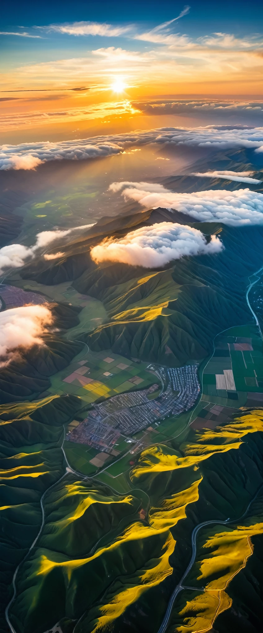 (Highest quality),(masterpiece:1.2),(Very detailed:1.2),Ultra-high resolution,RAW color photos,8K,Vast landscape photography,Realistic photos,Elaborate photos,Skydiving viewpoint,Written boundary depth,Sharp focus,In the clouds,The land below,Sunset,Beautiful colors,Written boundary depth,Wide Light,Low contrast,Backlight,Sharp focus,Vibrant colors,moving composition