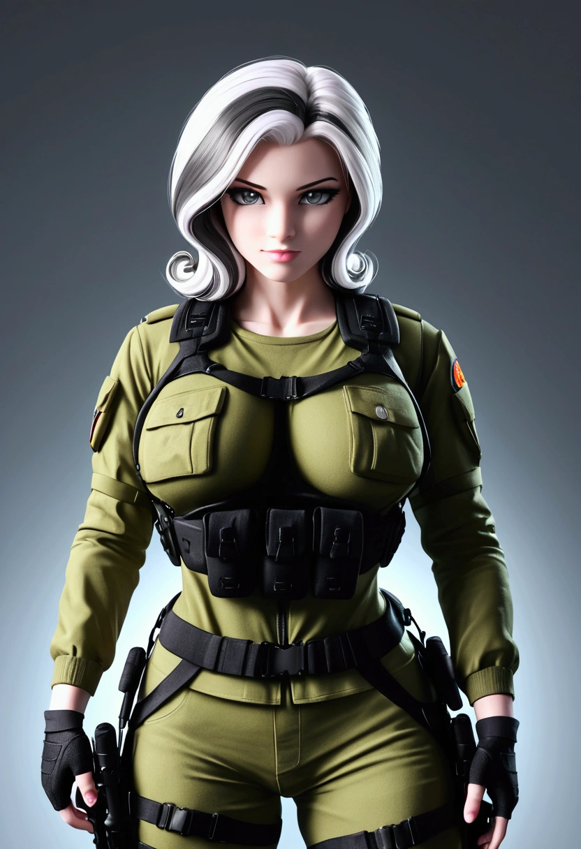 vibrant colors, 8K, high resolution, highly detailed, masterpiece, ((my little pony)), (striped white hair), (pale body), (gray eyes) seductive face, woman's tactical gear, standing, big breasts, beautiful body