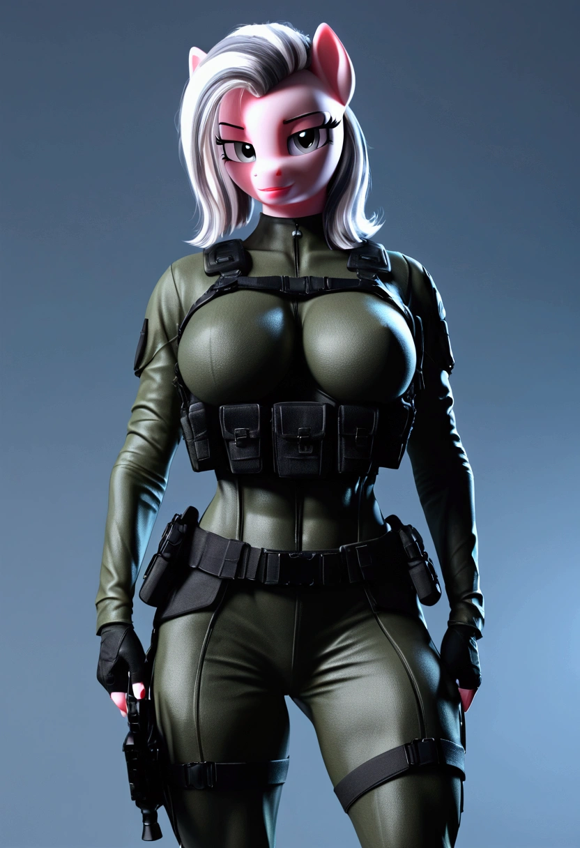 vibrant colors, 8K, high resolution, highly detailed, masterpiece, ((my little pony)), (striped white hair), (pale body), (gray eyes) seductive face, woman's tactical gear, standing, big breasts, beautiful body