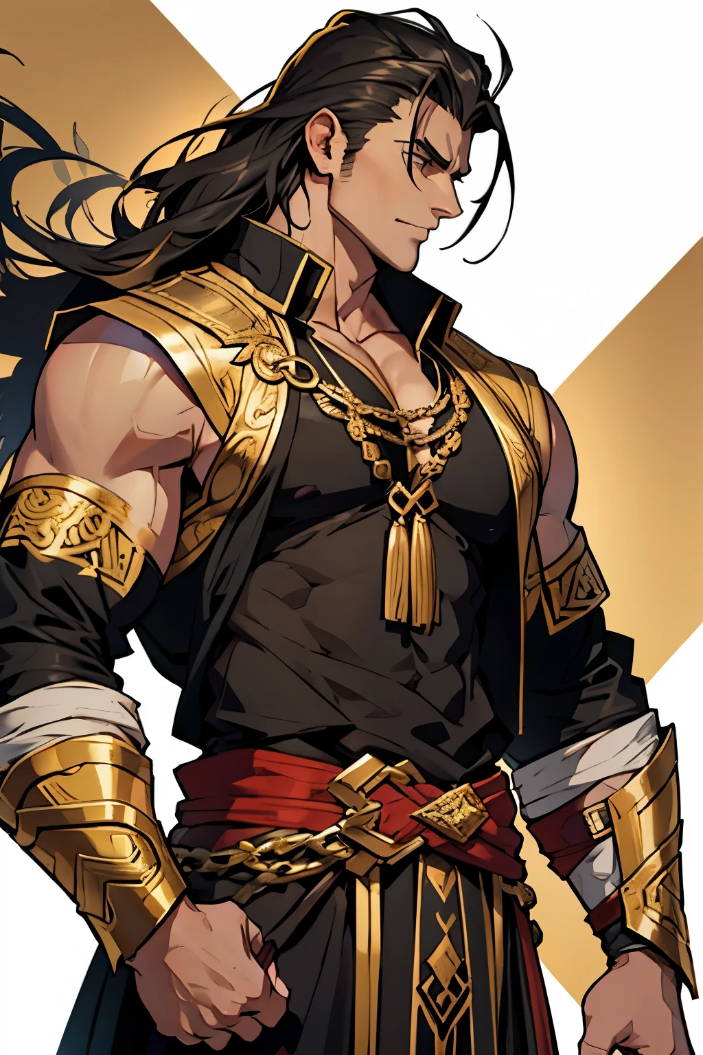 extremely strong horse man, golden crest, large muscles, ancient Greek clothing in black,