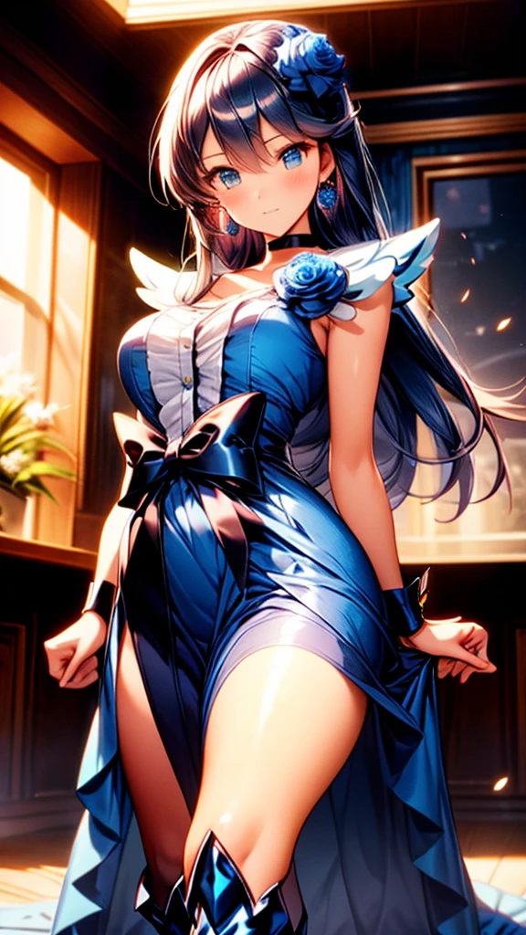 (Highly detailed CG), (Highest quality),(full body)，(( Squat，Spread your legs，Strike a Pose)),1 Girl,alone, black choker, earrings, blue flower, magical girl, waist bow, cure moonlight dress, jewelry, flower, wrist cuffs, single elbow glove, boots, eyelashes,Perfect Face,  Shiny skin, Shiny skin, Wide Hips,Tight waist,Knee-high boots，Elbow Bag,1 Girl, Long Hair, Big Breasts，Thick thighs，sunset，Octane，