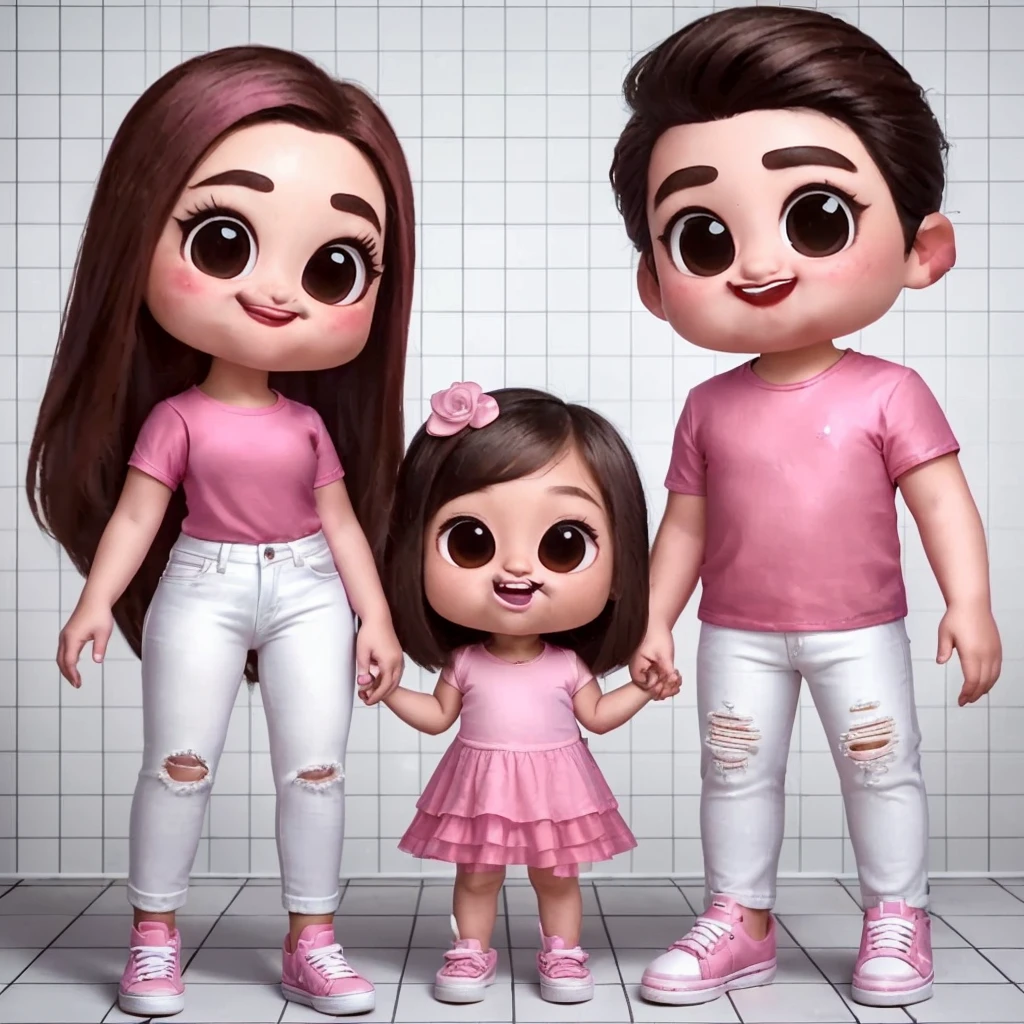caricature 4D realistic with large heads. On the left, depict an adult Indonesian Asian man wearing a pink t-shirt, ripped white jeans, and white sneakers. On the right, depict an adult Indonesian Asian woman with long hair, wearing a pink t-shirt, white jeans, and pink high heels. In the middle, show a 3-year-old Indonesian Asian girl wearing a pink dress and pink shoes. They are standing side by side, smiling and showing a sense of camaraderie and familiarity. The background should be cool with musical elements, high quality photo, 8K, realistic
