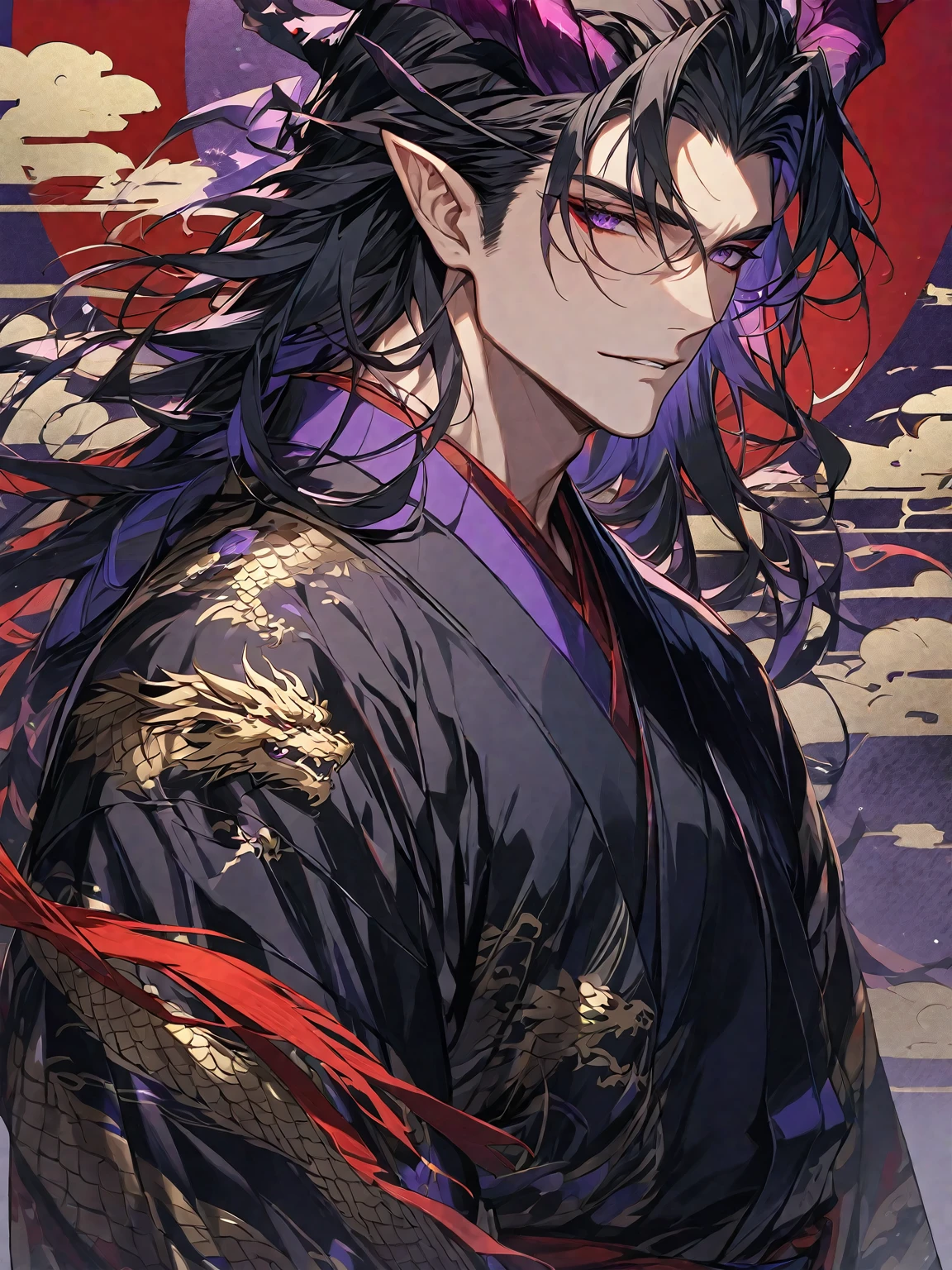 One, handsome, 1 man, with sporty body, V-shaped body, He's wearing a black kimono, dragon horns, long hair, black hair, bright purple eyes, Against the background of Japanese themes, red threads, dark light