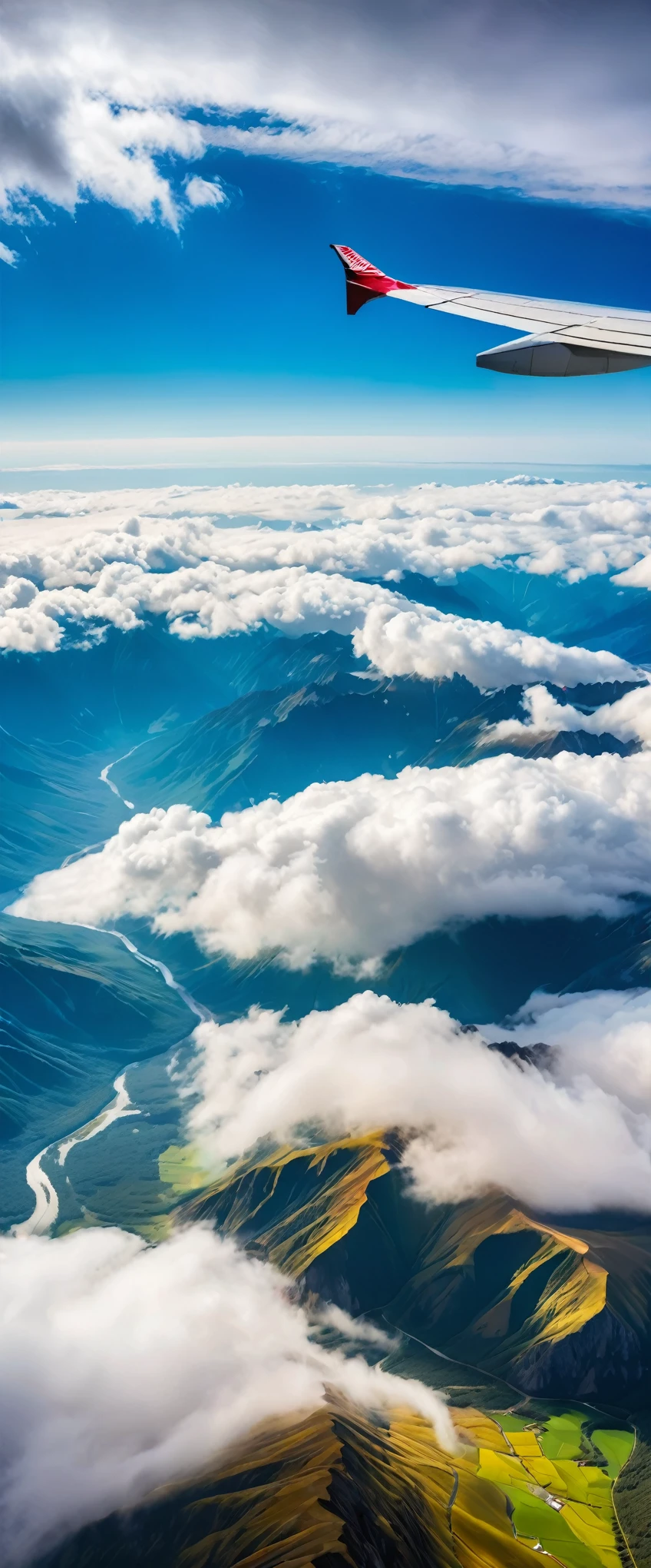 (Highest quality),(masterpiece:1.2),(Very detailed:1.2),Ultra-high resolution,RAW color photos,8K,Vast landscape photography,Realistic photos,Elaborate photos,Skydiving viewpoint,Written boundary depth,Sharp focus,In the clouds,The land below,A series of high mountains々,Beautiful colors,Written boundary depth,Wide Light,Low contrast,Backlight,Sharp focus,Vibrant colors,moving composition