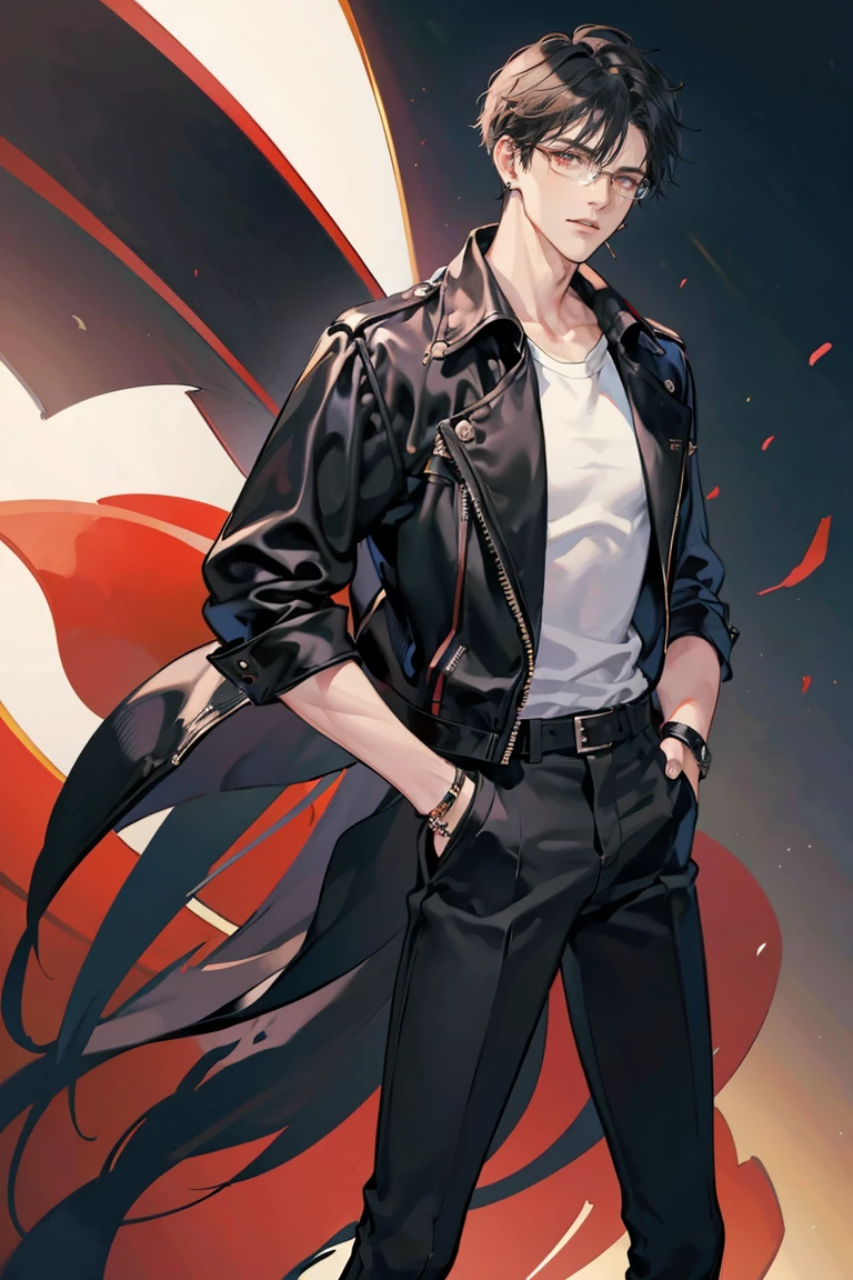 anime - (masterpiece), best quality, seductive eyes, perfect face, handsome man, red eyes, short messy black hair, long nose, tan brown skin, plain black t-shirt, black leather jacket, black pants, silver watch, square glasses, extremely tall man, long legs, long calves, full body, tall man, long legs, anime cover, 1boy, ear piercings, hands in pockets, adult-like look, bad boy