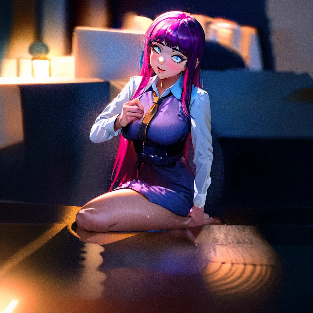 1girl, hoshino (blue archive), solo, heterochromia, pink hair, skirt, long hair, necktie, ahoge, shirt, halo, plaid skirt, blue eyes, plaid, looking at viewer, white shirt, sitting, orange eyes, chest harness, harness, long sleeves, id card, open mouth, very long hair, collared shirt, smile, blue necktie, bangs, feet out of frame, between legs, hand between legs, blush, hair between eyes, highres,masterpiece, best quality