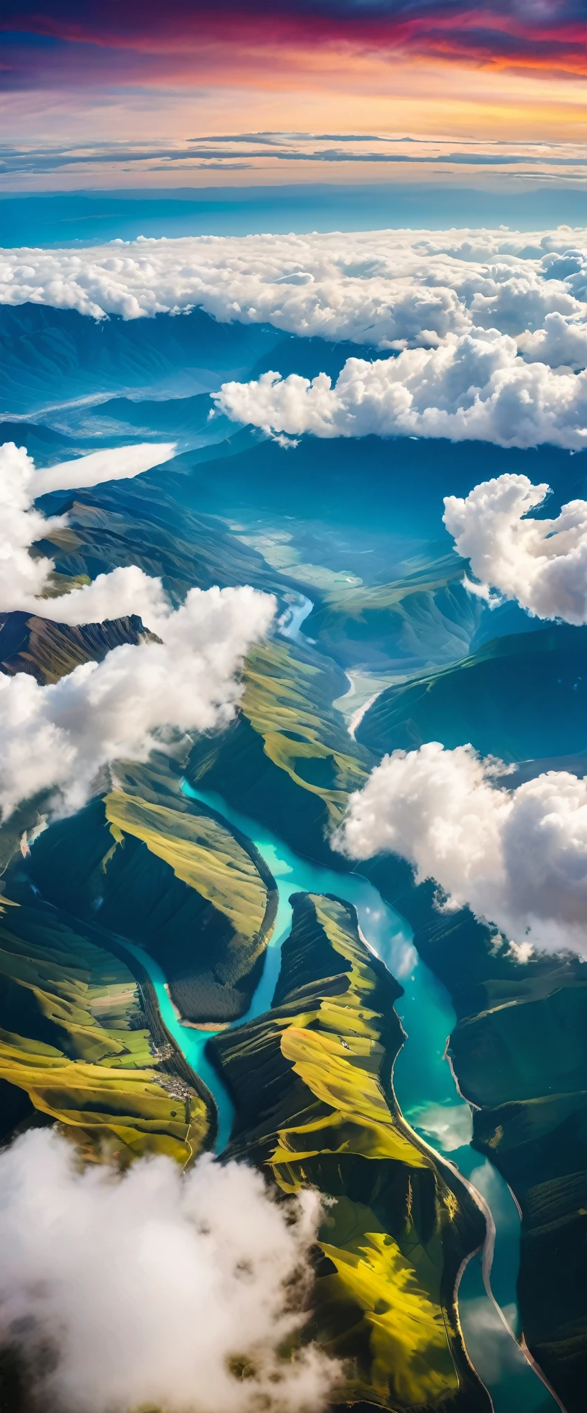 (Highest quality),(masterpiece:1.2),(Very detailed:1.2),Ultra-high resolution,RAW color photos,8K,Vast landscape photography,Realistic photos,Elaborate photos,Skydiving viewpoint,Written boundary depth,Sharp focus,In the clouds,The land below,Beautiful colors,Written boundary depth,Wide Light,Low contrast,Backlight,Sharp focus,Vibrant colors,moving composition