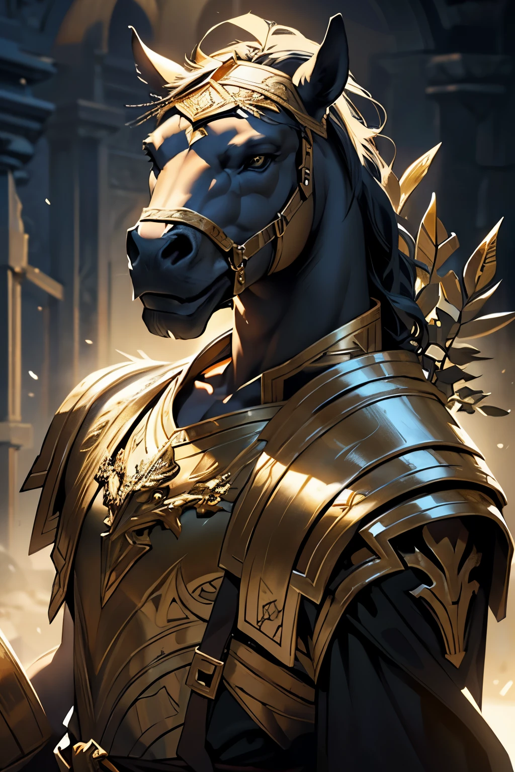 a powerful muscular horse man, extremely detailed face, piercing eyes, ancient greek battle armor, black robes, golden laurel wreath crown, dramatic lighting, cinematic composition, chiaroscuro lighting, highly detailed, 8k, photorealistic, intricate details, dramatic lighting, epic fantasy, masterpiece