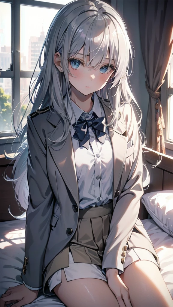 (masterpiece), (best quality), ((very detailed)), (very delicate), (A young girl), cyan eyes, sparkling eyes, droopy eyes, (Silver gray hair),Short messy hair, Barrette, Medium chest, Blazer uniform , platinum blonde, White skin, sitting on the bed in my room, Sunset rays shining through the window, Downcast eyes, lack of confidence, afraid, bullied at school, Blazer, In the middle of getting changed, he unbuttons his blazer