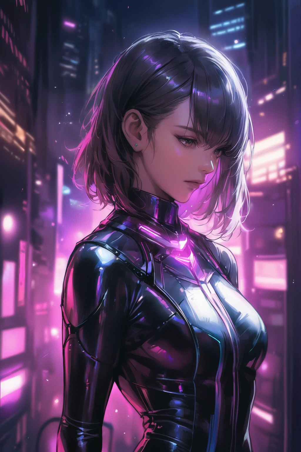 cinematic film , realistic , shallow depth of field, vignette, highly detailed, high budget, bokeh, cinemascope, moody, epic, gorgeous, film grain, grainy, 
(upper body:1.5), In a futuristic cityscape, a lone girl stands against the backdrop of a towering, cyberpunk-inspired building. She is captured in a close-up portrait, focusing on her upper body. Dressed in a sleek, patent leather bodysuit that reflects the city lights, her skin glows with a radiant sheen. The scene is filled with intense gritty details, enhancing the dramatic atmosphere of the setting. Her slim figure and the science fiction elements of the environment combine to create a striking cyberpunk aesthetic.