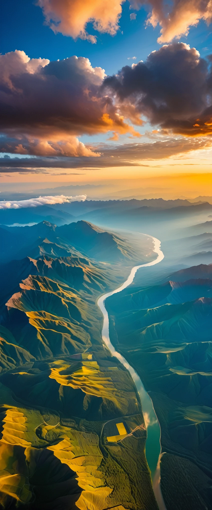 (Highest quality),(masterpiece:1.2),(Very detailed:1.2),Ultra-high resolution,RAW color photos,8K,Vast landscape photography,Realistic photos,Elaborate photos,Skydiving viewpoint,Written boundary depth,Sharp focus,In the clouds,The land below,A series of high mountains々,Sunset,Beautiful colors,Written boundary depth,Wide Light,Low contrast,Backlight,Sharp focus,Vibrant colors,moving composition