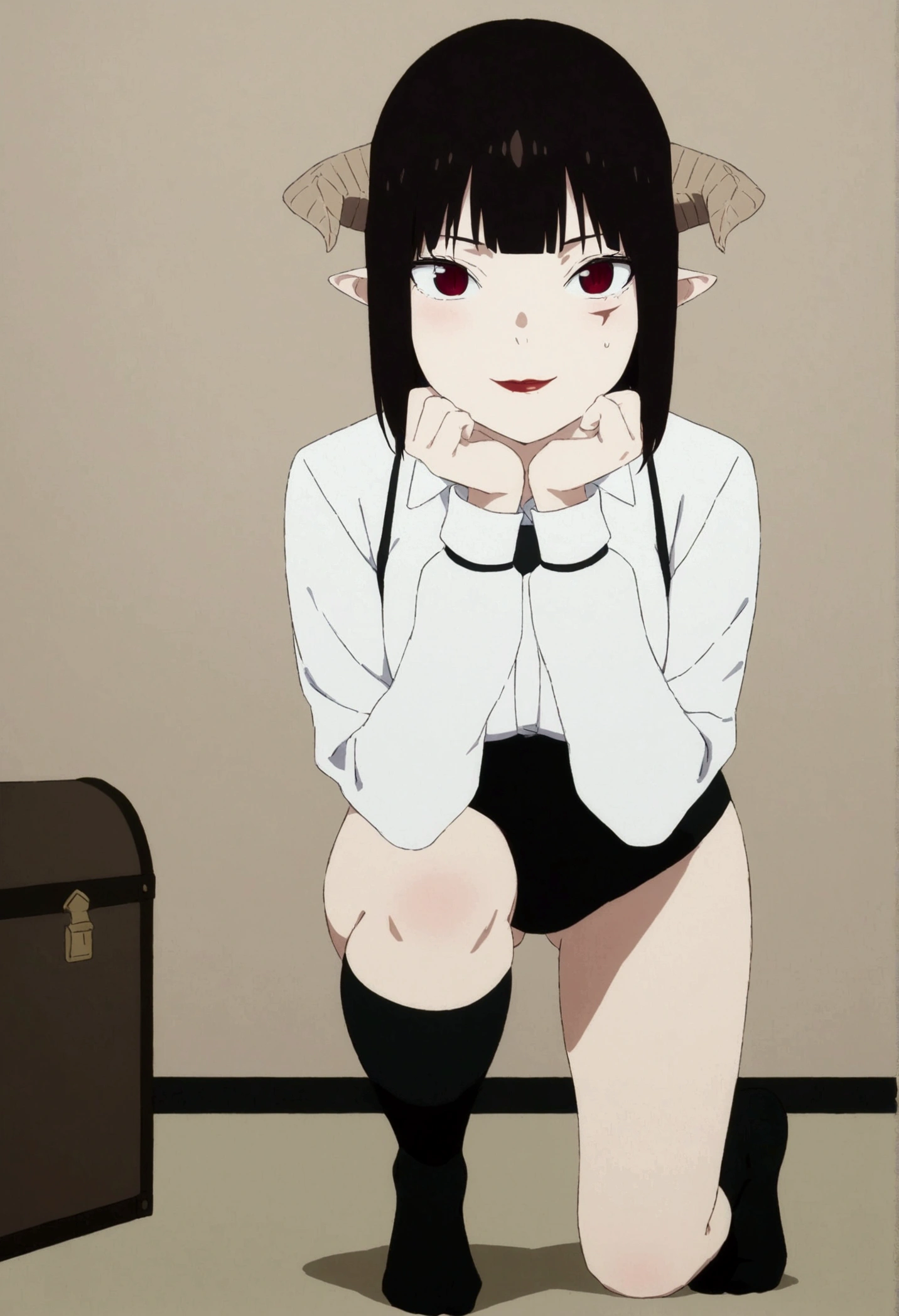 (work of art, ultra detali,high resolution,8K), 1 girl ,standing alone,hinterland,Look to viewer, TochaTortura, trunk,sheen,brunette skin,crouched,sultry gaze,hands below the chin,black socks,ssmile,,crouched,on his knees,horns on head,sultry posing,blushed,red in the face