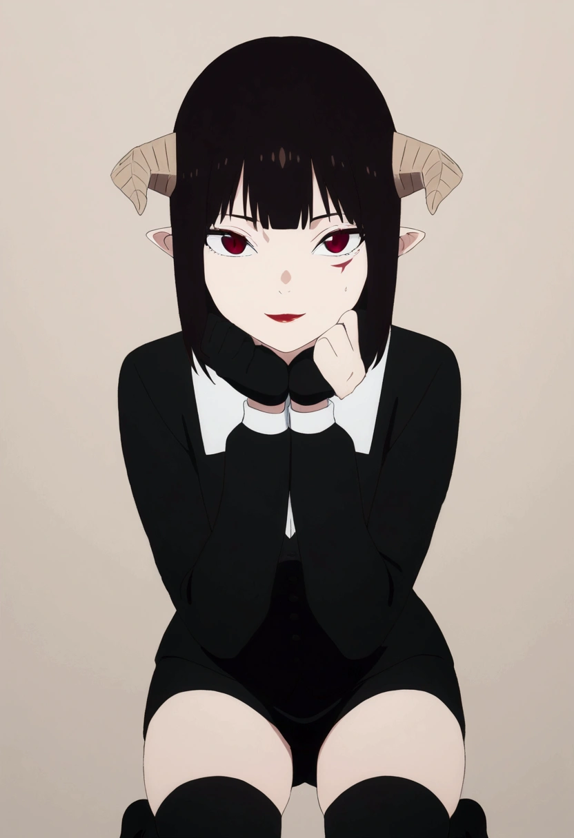 (work of art, ultra detali,high resolution,8K), 1 girl ,standing alone,hinterland,Look to viewer, TochaTortura, trunk,sheen,brunette skin,crouched,sultry gaze,hands below the chin,black socks,ssmile,,crouched,on his knees,horns on head,sultry posing,blushed,red in the face