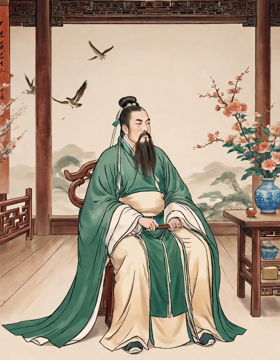 A man,Holding a feather fan,Dressed in cloth,Chinese classical martial arts style,Military division。Sitting in the military camp and playing the guzheng。Freehand ink painting style,Simple style,Declaring a sense of paper。