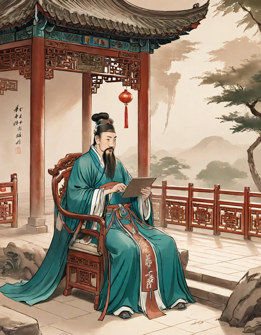A man,Holding a feather fan,Dressed in cloth,Chinese classical martial arts style,Military division。Sitting in the military camp and playing the guzheng。Freehand ink painting style,Simple style,Declaring a sense of paper。