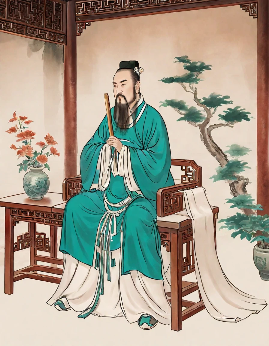 A man,Holding a feather fan,Dressed in cloth,Chinese classical martial arts style,Military division。Sitting in the military camp and playing the guzheng。Freehand ink painting style,Simple style,Declaring a sense of paper。