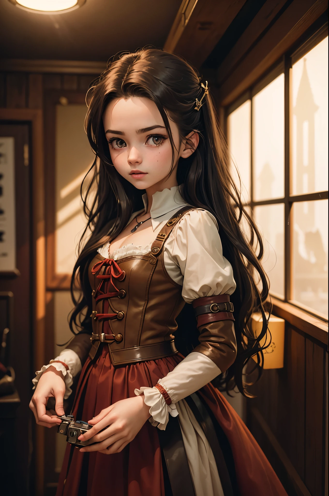 (photography of a 20 year old Aerith Gainsborough), (no close-up), highly detailed face, (smile:0.7) (background inside dark, moody, private study:1.3), steampunk pirate's airship, nikon d850, film stock photography, for kodak portra 400 ,camera f1.6 lens, bokeh, analog style, rich colors, hyper realistic, lifelike texture, dramatic lighting, cinestill 800, messy hair, serious, (freckles:0.4), pale skin, cute sexy