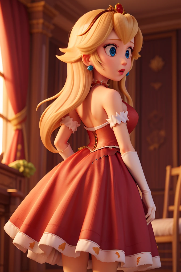 High quality detailed textures,Princesa peach,saia longa sexly, top cut, breasts big, deep neckline, Red clothing, sexly, sutiã sexly , torn skirt, from behind, bunda sexly
