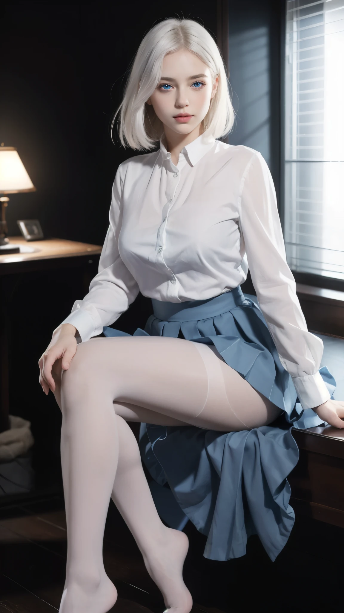 ultra realistic 8k cg, picture-perfect face, flawless, clean, masterpiece, professional artwork, famous artwork, white hair, blue eyes, perfect face, beautiful face, beautiful eyes, ((perfect female body)), solo,(immersive atmosphere, chiaroscuro:1.5,bright light:1.2,luminous lighting)
,,(blush:0.5),seductive expression,extremely detailed_blue eyes,thick thighs,large breasts,
beautifully detailed background,depth of field,realistic:1.3, long shot,1girl,shirt,pleated skirt, , sitting, full body,
(ambient light:1.3),(cinematic composition:1.3),(neon lights:0.1),(HDR:0.1),Accent Lighting, white pantyhose,