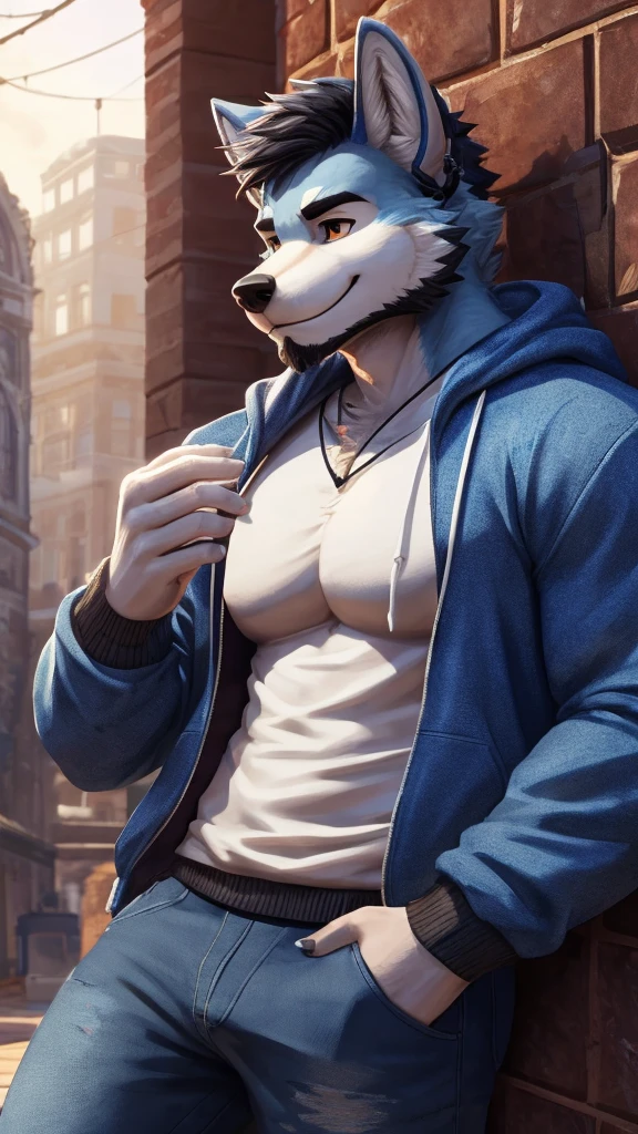 ((best quality)), ((masterpiece)), (Ultra detailed), ((4k)) , Solo , Anthro Wolf , Light Blue Fur , Black Short Hair , Short Beard , Handsone , Middle Ages , Big Pecs chest , Headphone , Sweatshirt , Jean pants , Small Smile , Stand Alone , Hold 1 Iris Flower