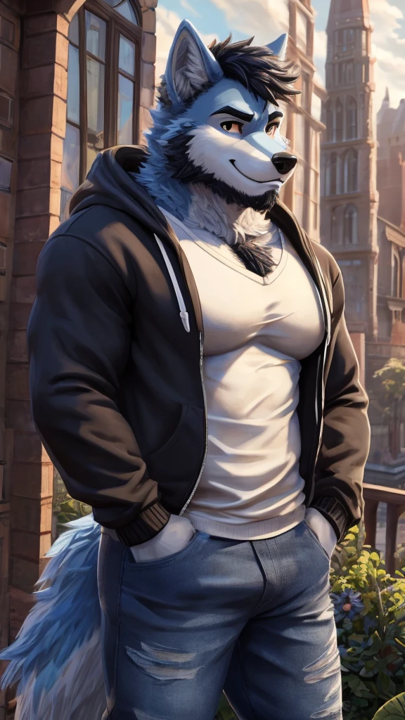 ((best quality)), ((masterpiece)), (Ultra detailed), ((4k)) , Solo , Anthro Wolf , Light Blue Fur , Black Short Hair , Short Beard , Handsone , Middle Ages , Big Pecs chest , Headphone , Sweatshirt , Jean pants , Small Smile , Stand Alone , Hold 1 Iris Flower